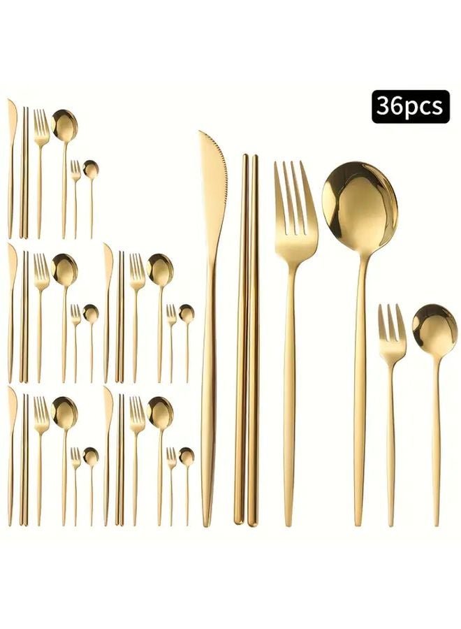 36 Piece Stainless Steel Tableware Set Golden Black Knife Fork Spoon Chopsticks - Image 5